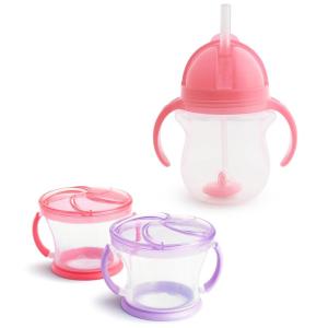 imageMunchkin Happy Snacker Toddler Cups and Snack Containers  7oz Any Angle Weighted Straw Trainer Cup and 9oz Snack Catchers GreenBluePinkPurple