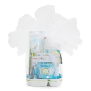 imageMunchkin New Beginnings Baby Gift Set Includes Feeding Utensils Divided Plates Bottle Brush Bath Toy and Teether BlueBlue