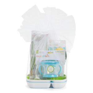 imageMunchkin New Beginnings Baby Gift Set Includes Feeding Utensils Divided Plates Bottle Brush Bath Toy and Teether BlueNeutral