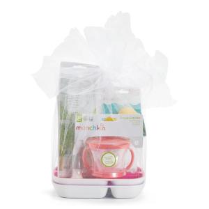 imageMunchkin New Beginnings Baby Gift Set Includes Feeding Utensils Divided Plates Bottle Brush Bath Toy and Teether BluePink