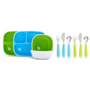 imageMunchkin Splash Toddler Dining Set  Includes Divided Plates Bowls and Utensils 10pc Set BlueGreen