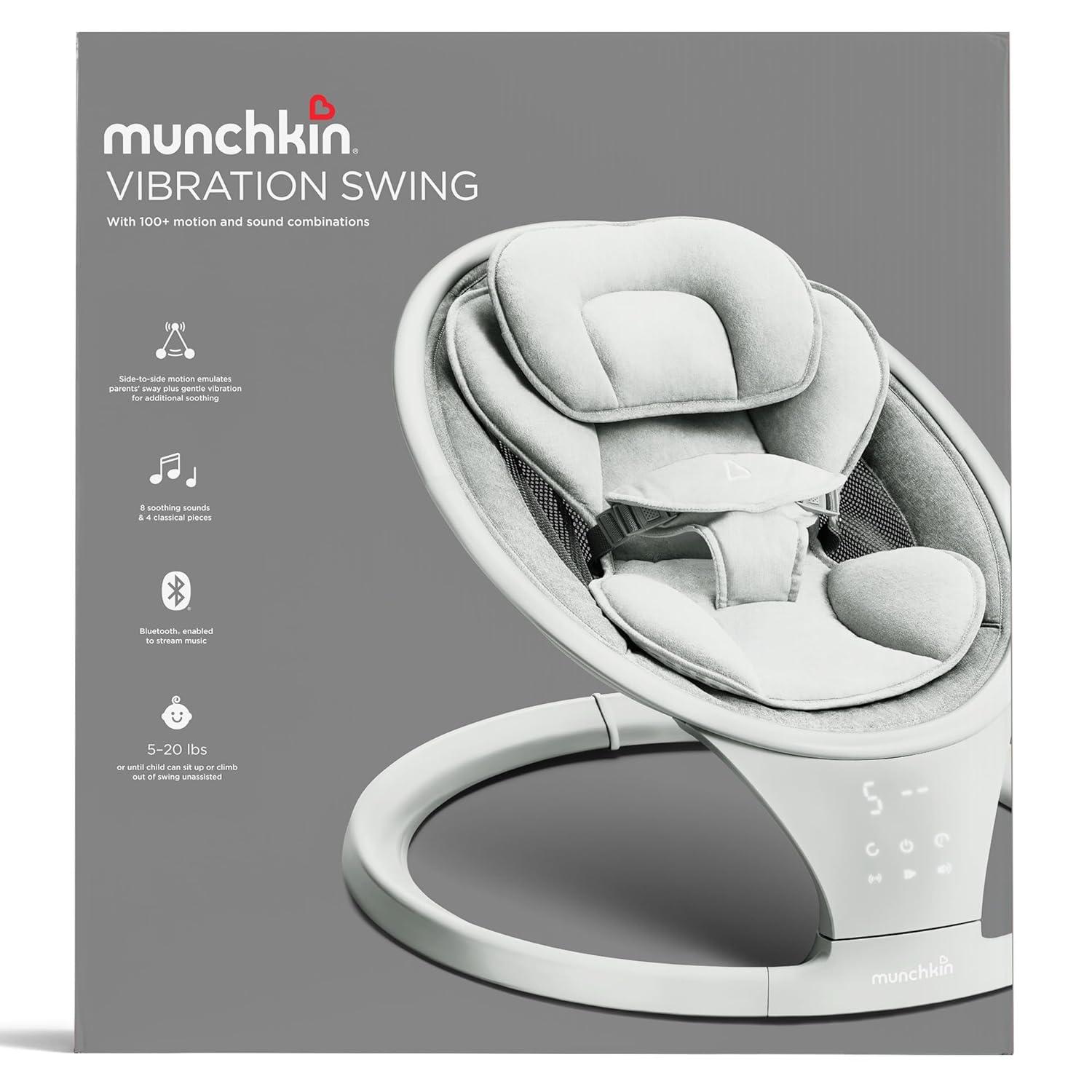 imageMunchkin Baby Swing Portable and Lightweight Bluetooth Enabled Electric Infant Rocker with Natural Sway in 5 Ranges of Motion Newborn Nursery Essentials WhiteGreySwing with Vibration