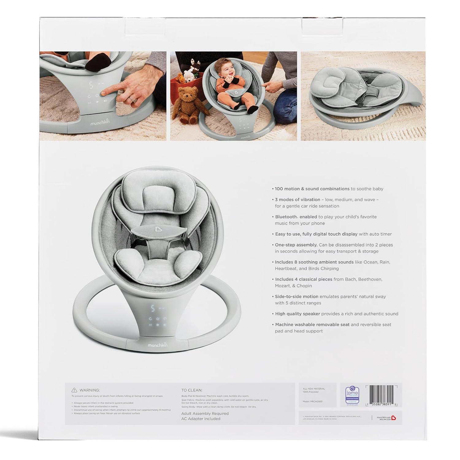 imageMunchkin Baby Swing Portable and Lightweight Bluetooth Enabled Electric Infant Rocker with Natural Sway in 5 Ranges of Motion Newborn Nursery Essentials WhiteGreySwing with Vibration