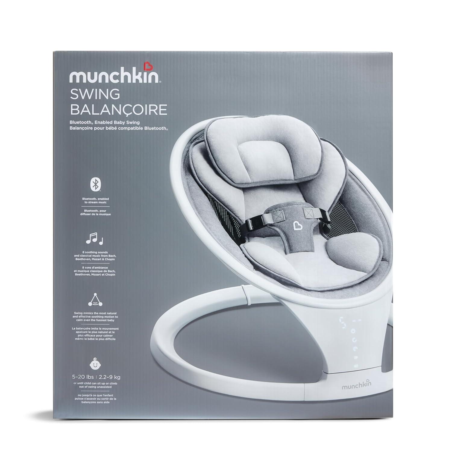 imageMunchkin Baby Swing Portable and Lightweight Bluetooth Enabled Electric Infant Rocker with Natural Sway in 5 Ranges of Motion Newborn Nursery Essentials WhiteGreySwing