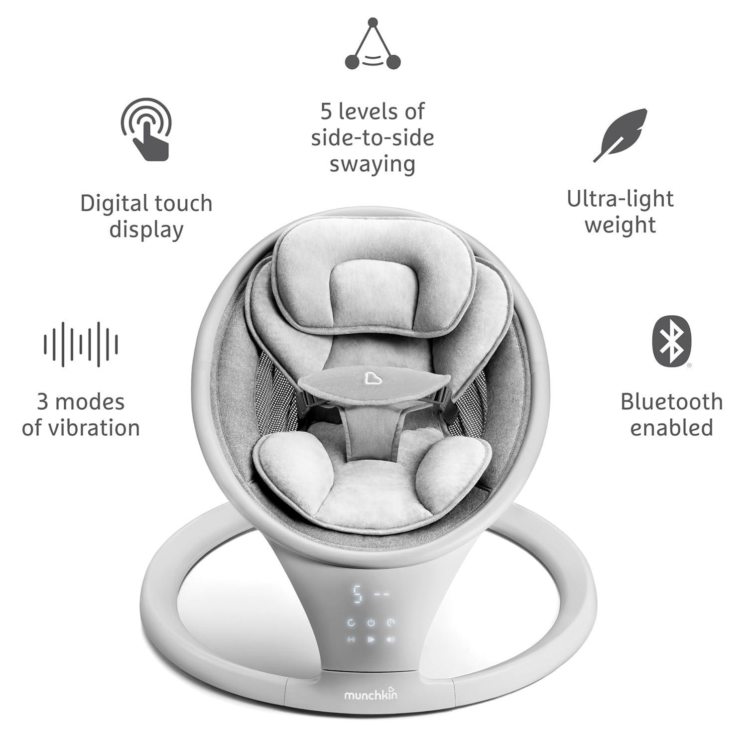 imageMunchkin Baby Swing Portable and Lightweight Bluetooth Enabled Electric Infant Rocker with Natural Sway in 5 Ranges of Motion Newborn Nursery Essentials WhiteGreySwing with Vibration