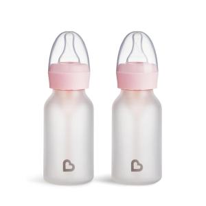 imageMunchkin Bond Silicone Coated Glass Baby Bottles  AntiColic Feeding System with Natural Feel Nipples 4 Ounce 2 Pack BluePink